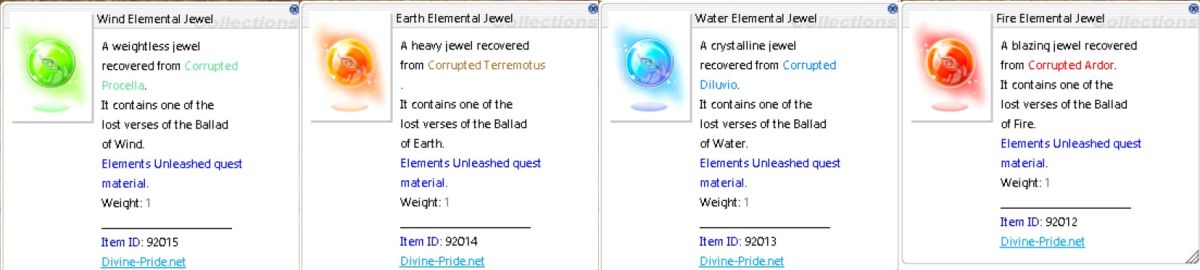 Screenshot to upload: Fire, Water, Wind, and Earth elemental essences in inventory