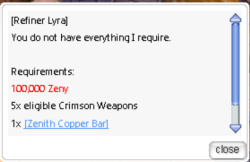 Lyra's exchange dialogue showing five Crimson weapons, 100,000 Zeny, and one Copper Bar