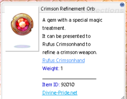 Inventory or item-description screenshot of the Crimson Refinement Orb, Item ID 92010