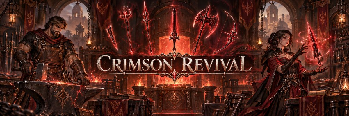 Crimson Revival main banner showing glowing crimson weapons, Rufus Crimsonhand, and Refiner Lyra